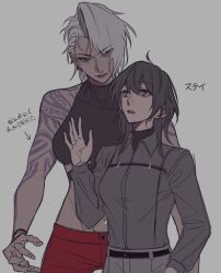 Rule 34 | 2girls, ahoge, arm tattoo, bare arms, black hair, black shirt, chief (path to nowhere), collared shirt, commentary request, crop top, female chief (path to nowhere), grey background, grey hair, hand up, long hair, long sleeves, multiple girls, okkoooome, pants, parted lips, path to nowhere, red pants, shirt, short hair, shoulder tattoo, simple background, sleeveless, sleeveless shirt, tattoo, toned female, translation request, zoya (path to nowhere)