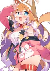 Rule 34 | 1girl, ahoge, animal collar, animal ears, animal hood, badge, bare shoulders, belt, blush, breasts, button badge, camisole, cleavage, collar, commentary request, commission, cowboy shot, dog ears, dog girl, dog tail, fang, hair between eyes, hair ornament, heart, heart hair ornament, highres, hood, hoodie, idol corp, large breasts, long braid, looking away, msp sammy, multicolored hair, no pants, open mouth, orange hair, partially unzipped, pink hood, pink hoodie, pochi wanmaru, pochi wanmaru (pochi 1.0), pochi wanmaru (pochi 1.0), simple background, skeb commission, smile, solo, strap slip, tail, thick eyebrows, thigh belt, thigh strap, thighs, tri braids, two-tone hair, virtual youtuber, w, white background, white camisole, white hair, x hair ornament