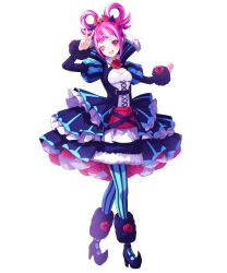 Rule 34 | 1girl, blue dress, blue footwear, blue pants, breasts, cleavage, corset, dress, fire emblem, fire emblem engage, fire emblem heroes, frilled dress, frills, hair rings, highres, hortensia (fire emblem), juliet sleeves, long sleeves, looking at viewer, multicolored hair, nintendo, non-web source, official art, one eye closed, open mouth, pants, pink eyes, pink hair, pointy footwear, puffy sleeves, small breasts, smile, solo, streaked hair, striped clothes, striped pants, tachi-e, teeth, upper teeth only, v, white hair