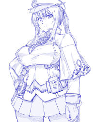Rule 34 | 1girl, breasts, capelet, commentary request, cowboy shot, enu (n storage), gloves, graf zeppelin (kancolle), hair between eyes, hand on own hip, hat, impossible clothes, kantai collection, large breasts, looking at viewer, military, military hat, military uniform, miniskirt, monochrome, necktie, peaked cap, sidelocks, simple background, skirt, solo, uniform, white background