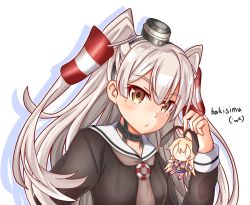 Rule 34 | 1girl, amatsukaze (kancolle), brown dress, brown eyes, brown neckerchief, character doll, commentary request, dress, hair tubes, highres, kantai collection, koutetunamekuji, lifebuoy ornament, long hair, looking at viewer, neckerchief, sailor collar, sailor dress, shimakaze (kancolle), simple background, smokestack hair ornament, solo, twitter username, two side up, upper body, white background, white hair, white sailor collar