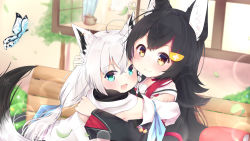 Rule 34 | 2girls, :3, :d, aged down, animal ear fluff, animal ears, aqua eyes, bench, black hair, blurry, bug, butterfly, calendar (object), depth of field, detached sleeves, fang, fox ears, fox girl, fox tail, hololive, hug, insect, long hair, looking at viewer, multiple girls, narucchii, ookami mio, ookami mio (1st costume), open mouth, red hair, shirakami fubuki, shirakami fubuki (1st costume), smile, tail, virtual youtuber, white hair, wolf ears, wolf girl