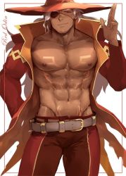 Rule 34 | 1boy, abs, arbbun, bara, bare pectorals, belt, bulge, character request, chest tattoo, coat, commentary request, copyright request, dark-skinned male, dark skin, eyepatch, feet out of frame, hat, large pectorals, looking at viewer, male focus, muscular, muscular male, navel, nipples, open clothes, open coat, pants, pectorals, red pants, salute, short hair, smile, solo, stomach, tattoo, thighs, white hair