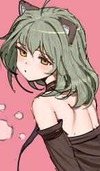Rule 34 | absurdres, ahoge, animal ear fluff, animal ears, back, bare shoulders, black necktie, blush, brown choker, choker, closed mouth, detached sleeves, from side, green hair, gukuli, highres, long hair, looking at viewer, looking to the side, mole, mole on back, necktie, orange eyes, original, pink background, simple background, upper body