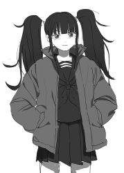 Rule 34 | 1girl, expressionless, greyscale, hands in pockets, highres, jacket, long hair, looking at viewer, monochrome, neckerchief, open clothes, open jacket, original, pleated skirt, sailor collar, school uniform, serafuku, shippai (artist), shirt, sidelocks, simple background, skirt, solo, twintails