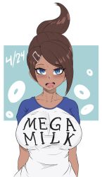 Rule 34 | 1girl, asahina aoi, blue eyes, blush, breasts, brown hair, danganronpa: trigger happy havoc, danganronpa (series), dark-skinned female, dark skin, doughnut, food, hair ornament, hairclip, highres, large breasts, looking at viewer, mega milk, open mouth, simple background, solo, white background, young savage