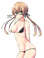 Rule 34 | 10s, 1girl, aqua eyes, arms behind back, bad id, bad pixiv id, bikini, black bikini, blush, breasts, brown hair, glasses, hair ribbon, highres, kantai collection, long hair, looking at viewer, low twintails, navel, nekobaka, prinz eugen (kancolle), ribbon, simple background, solo, standing, swimsuit, twintails