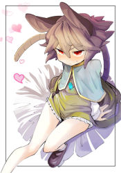 Rule 34 | 1girl, animal ears, bare legs, blush, capelet, commentary request, daitai konna kanji, dress, grey hair, hair between eyes, heart, jewelry, long sleeves, mouse ears, mouse tail, nazrin, pendant, red eyes, short dress, sitting, solo, tail, thick eyebrows, touhou