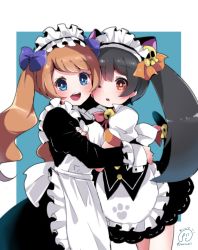 Rule 34 | 2girls, alternate costume, alternate hairstyle, animal ears, apron, artist name, ashley (warioware), back bow, bell, black dress, black hair, blue background, blue bow, blue eyes, blush, bow, bowtie, breasts, brown hair, cat ears, cat tail, dress, enmaided, female focus, frills, hair bow, hair ornament, happy, highres, hug, jingle bell, long hair, long sleeves, looking at viewer, maid, maid apron, maid headdress, medium breasts, meiwari, mona (warioware), multiple girls, neck bell, nintendo, one eye closed, open mouth, orange bow, paw print, puffy short sleeves, puffy sleeves, red eyes, red neckwear, short sleeves, signature, simple background, skull, skull hair ornament, smile, standing, tail, tail bow, tail ornament, teeth, twintails, twitter username, two-tone background, warioware
