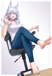 Rule 34 | 1girl, animal ear fluff, barefoot, black nails, blue pants, breasts, chair, cleavage, closed eyes, collarbone, commentary, crossed legs, denim, dutch angle, earrings, efreezerarts, english commentary, facial mark, fangs, feet, full body, grey background, hands up, highres, holding, jeans, jewelry, large breasts, legs, light purple hair, long hair, mixed-language commentary, nail polish, nijisanji, nijisanji en, nina kosaka, open mouth, pants, shirt, short eyebrows, sidelocks, sitting, soles, solo, tank top, toenail polish, toenails, toes, virtual youtuber, white shirt, wooden floor