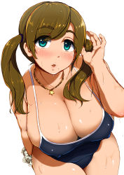 Rule 34 | 1girl, belly, blue eyes, blush, breasts, brown hair, cameltoe, cleavage, covered erect nipples, covered navel, eyebrows, from above, green eyes, highres, huge breasts, ikinari mojio, jewelry, looking at viewer, mole, mole under mouth, necklace, one-piece swimsuit, open mouth, original, plump, scrunchie, simple background, solo, star-shaped pupils, star (symbol), star necklace, sweat, swept bangs, swimsuit, symbol-shaped pupils, twintails, wet, white background, wrist scrunchie