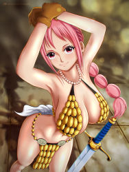 Rule 34 | 1girl, armor, armpits, bare legs, bare shoulders, bikini armor, blush, braid, braided ponytail, breasts, cleavage, curvy, dutch angle, facing viewer, feet out of frame, highres, hiyozuki, large breasts, long hair, navel, one piece, outdoors, pelvic curtain, pink eyes, pink hair, ponytail, rebecca (one piece), revealing clothes, shiny skin, single braid, solo, standing, sword, weapon