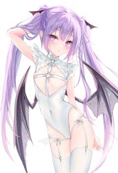 Rule 34 | 1girl, absurdres, arm behind back, arm behind head, arm up, borrowed character, breasts, covered erect nipples, covered navel, demon girl, demon wings, garter straps, groin, hand in own hair, highres, leotard, long hair, original, purple eyes, ririge, small breasts, solo, thigh strap, thighhighs, thighs, twintails, very long hair, white leotard, white thighhighs, wings