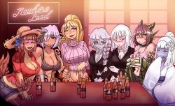Rule 34 | 6+girls, alcohol, amazoness (monster girl encyclopedia), animal hands, beer, beer bottle, beer mug, blush, breasts, cleavage, closed eyes, cup, dragon girl, earrings, ezzydraws, hat, highres, holding, indoors, japanese clothes, jewelry, kikimora (monster girl encyclopedia), kimono, lamia, lamia (monster girl encyclopedia), large breasts, lich (monster girl encyclopedia), long hair, looking at another, monster girl, monster girl encyclopedia, monster girl encyclopedia ii, mug, multiple girls, pointy ears, ponytail, scales, shirohebi (monster girl encyclopedia), short hair, smile, straw hat, sweater, table, tank top, tattoo, undead, wolf girl, wyvern (monster girl encyclopedia), yuki onna (monster girl encyclopedia)