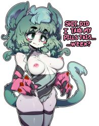 Rule 34 | 1girl, absurdres, animal ears, breasts, claws, cleft of venus, closed mouth, collarbone, colored eyelashes, commentary, covered navel, english commentary, english text, green eyes, green hair, green thighhighs, highres, medium breasts, medium hair, nipples, original, pale skin, simple background, slugbox, solo, sweat, tail, thighhighs, thighs, white background