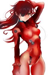 Rule 34 | 10s, 1girl, adapted costume, alternate costume, alternate eye color, alternate hair color, armpits, arms up, blue eyes, bodysuit, breasts, brown hair, cowboy shot, curvy, evangelion: 3.0 you can (not) redo, eyepatch, gloves, hair between eyes, hair over one eye, highres, leotard, long hair, looking at viewer, necktie, neon genesis evangelion, one eye covered, parted lips, pilot suit, plugsuit, rebuild of evangelion, red bodysuit, shinnnosuke10karennda10, shiny clothes, shiny skin, simple background, smile, solo, souryuu asuka langley, thighs, two side up, unworn headgear, white background, wide hips, yellow eyes