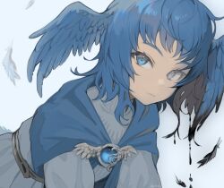 Rule 34 | 1girl, bird wings, blue capelet, blue eyes, blue gemstone, blue hair, brooch, capelet, dress, dripping, expressionless, falling feathers, feathered wings, feathers, final fantasy, final fantasy xiv, from side, gem, head wings, highres, jewelry, looking at viewer, meteion, milka (milk4ppl), short hair, simple background, solo, upper body, white background, white dress, wings