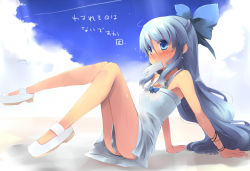 Rule 34 | 1girl, alternate costume, alternate hair length, alternate hairstyle, arm support, bare shoulders, blue eyes, blue hair, blush, bow, cirno, cloud, day, dress, hair bow, hair down, knees together feet apart, legs, long hair, mary janes, matching hair/eyes, mouth hold, no panties, object in mouth, shin (new), shoes, sitting, sky, solo, sweat, touhou, translated, very long hair, wings