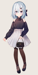 Rule 34 | 1girl, bag, bare shoulders, black bow, black footwear, black shirt, blush, bow, braid, breasts, brown pantyhose, closed mouth, clothing cutout, full body, grey background, hair bow, hair ornament, hair over one eye, hairclip, handbag, highres, holding, holding bag, long sleeves, medium breasts, meito (maze), nail polish, original, pantyhose, pink nails, pleated skirt, puffy long sleeves, puffy sleeves, red eyes, shirt, shoes, shoulder cutout, silver hair, simple background, skirt, sleeves past wrists, smile, solo, standing, white skirt