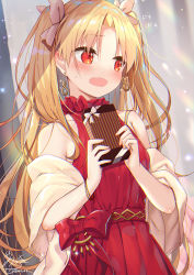 Rule 34 | 1girl, averting eyes, bare shoulders, belt, blonde hair, blush, bow, box, bracelet, commentary request, dress, earrings, ereshkigal (bitter sweet) (fate), ereshkigal (fate), fate/grand order, fate (series), fingernails, forehead, gift, gift box, hair between eyes, hair bow, hands up, highres, holding, holding gift, infinity symbol, jewelry, long hair, looking to the side, open mouth, parted bangs, red bow, red dress, red eyes, shawl, signature, sleeveless, sleeveless dress, solo, twitter username, two side up, valentine, very long hair, white bow, yano mitsuki (nanairo)