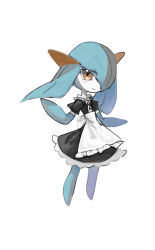 Rule 34 | 1girl, alternate color, apron, bare shoulders, black dress, blue gloves, blue hair, blue skin, blush, closed mouth, clothed pokemon, colored skin, creatures (company), dress, elbow gloves, female focus, flat chest, frilled apron, frilled dress, frills, full body, game freak, gen 3 pokemon, gloves, hair over one eye, hands up, happy, highres, horezai, kirlia, light blush, looking at viewer, maid, medium hair, multicolored skin, nintendo, off-shoulder dress, off shoulder, one eye covered, pokemon, pokemon (creature), puffy short sleeves, puffy sleeves, red eyes, shiny pokemon, short sleeves, sidelocks, simple background, sketch, smile, solo, standing, two-tone skin, waist apron, white apron, white background, white skin