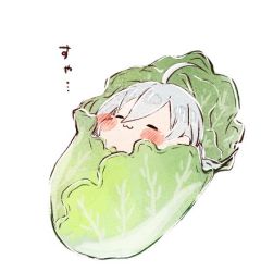 Rule 34 | 1girl, :3, ahoge, blush, blush stickers, cabbage, chibi, closed eyes, commentary request, ido (idoon08), kantai collection, kiyoshimo (kancolle), long hair, lowres, lying, silver hair, simple background, solo, swaddled, white background