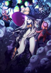 Rule 34 | 1girl, :o, abigail williams (fate), abigail williams (third ascension) (fate), black bow, black hat, black panties, black socks, bow, commentary request, fate/grand order, fate (series), glowing, groin, hat, hat bow, highres, holding, holding key, key, kneehighs, long hair, looking at viewer, navel, open mouth, orange bow, oversized object, pale skin, panties, parted bangs, print bow, red eyes, revealing clothes, socks, solo, star (symbol), star print, suction cups, tentacles, topless, totoya z, underwear, very long hair, white hair, witch hat