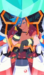 Rule 34 | 1boy, arms up, asymmetrical hair, black gloves, blue eyes, blue hair, closed mouth, collarbone, eyes visible through hair, firefighter, firefighter jacket, galo thymos, gloves, jacket, leaning, looking at viewer, male focus, open clothes, ottonttn, pants, pectorals, promare, red pants, shadow, sidecut, sitting, smile, solo, spiked hair, topless male, undercut