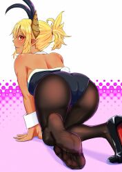 1girl blonde_hair dark-skinned_female dark_skin feet highres horns leotard light_blush long_hair looking_at_viewer looking_back neko_040 pantyhose parted_lips playboy_bunny pointy_ears red_eyes shoes single_shoe soles toes