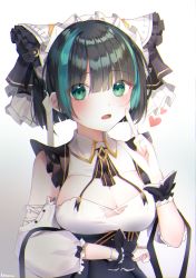 Rule 34 | 1girl, absurdres, artist name, azur lane, black hair, blue hair, blunt bangs, blush, breasts, cheshire (azur lane), cleavage, detached sleeves, fang, green eyes, heart, highres, index finger raised, knowa, large breasts, looking at viewer, multicolored hair, open mouth, solo, streaked hair, upper body