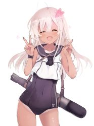 Rule 34 | 10s, 1girl, :d, ^ ^, closed eyes, contrapposto, covered navel, cowboy shot, double v, flower, hair flower, hair ornament, jpeg artifacts, kantai collection, long hair, one-piece swimsuit, open mouth, ro-500 (kancolle), sailor collar, school swimsuit, simple background, smile, solo, standing, sumisu (mondo), swimsuit, tan, tanline, torpedo, v, white background, white hair