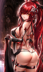 Rule 34 | 1girl, ass, been, black gloves, black ribbon, blurry, blurry background, breasts, butt crack, cowboy shot, elbow gloves, elesis (elsword), elsword, eyes visible through hair, floating hair, from behind, gloves, hair between eyes, hair ornament, hair over one eye, hair ribbon, high ponytail, highres, large breasts, long hair, looking at viewer, red hair, revealing clothes, ribbon, sideboob, slit pupils, solo, standing, thigh strap, very long hair, yellow eyes