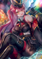 Rule 34 | 1girl, :d, black gloves, black jacket, black leotard, black thighhighs, blush, bodystocking, breasts, brown gloves, brown pantyhose, cleavage, colored inner hair, crossed bangs, eyes visible through hair, gloves, hat, highres, holding, hololive, houshou marine, houshou marine (marching band), jacket, large breasts, leotard, long hair, long sleeves, looking at viewer, multicolored hair, open clothes, open jacket, open mouth, pantyhose, rachip, red eyes, red hair, see-through, see-through cleavage, shako cap, sitting, smile, solo, thighhighs, two-tone hair, virtual youtuber, white hair, yellow eyes