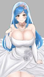 Rule 34 | 1girl, absurdres, bare shoulders, blue hair, bridal veil, brown eyes, character request, choker, collarbone, copyright request, desspie, detached sleeves, dress, highres, jewelry, long hair, looking at viewer, necklace, off-shoulder dress, off shoulder, ring, solo, swept bangs, veil, wedding dress, white dress