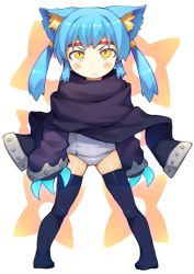 Rule 34 | 1girl, animal ear fluff, animal ears, bachera, black thighhighs, blue hair, blush stickers, cameltoe, cat ears, claws, fang, female focus, full body, headband, legs apart, looking at viewer, no shoes, one-piece swimsuit, original, scarf, slit pupils, solo, standing, swimsuit, thighhighs, twintails, yellow eyes