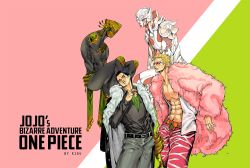 Rule 34 | 2boys, abs, arm at side, arms at sides, artist name, ascot, behind another, belt, black hair, black shirt, blonde hair, cigar, closed mouth, coat, coat on shoulders, copyright name, covered eyes, crocodile (one piece), donquixote doflamingo, expressionless, facing another, fur coat, fur trim, hair slicked back, hand up, head tilt, height difference, highres, holding, holding cigar, hook, hook hand, jojo no kimyou na bouken, k164, long sleeves, looking at viewer, male focus, multiple boys, muscular, muscular male, one piece, open clothes, open coat, open shirt, pants, parody, pectorals, shirt, short hair, smile, stand (jojo), stomach, style parody, sunglasses, very short hair, watermark, white shirt