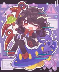 Rule 34 | 1girl, :3, asymmetrical wings, black dress, black hair, black thighhighs, blue wings, blush, bow, bowtie, buttons, center frills, chibi, commentary request, dress, fang, footwear bow, frilled dress, frills, full body, heart, heart hair, highres, houjuu nue, koyuchina, long hair, looking at viewer, nue day, one eye closed, open mouth, red bow, red bowtie, red eyes, red footwear, red wings, short dress, short sleeves, sign, skin fang, smile, solo, star (symbol), thighhighs, touhou, warning sign, wings