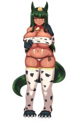 Rule 34 | 1girl, :3, animal ears, animal hands, animal print, anubis (monster girl encyclopedia), bare shoulders, bell, blush, breast hold, breasts, claws, cleavage, collar, collarbone, commentary, cow print, cowbell, curvy, dark-skinned female, dark green hair, dark skin, english commentary, finger to face, full body, green hair, highres, huge breasts, looking at viewer, monster girl, monster girl encyclopedia, nav (itsnav), navel, neck bell, orange hair, panties, pointing, pointing at self, print panties, print thighhighs, simple background, skindentation, smile, solo, standing, stirrup legwear, strapless, tail, thick thighs, thighhighs, thighs, toeless legwear, tube top, underwear, white background, wide hips