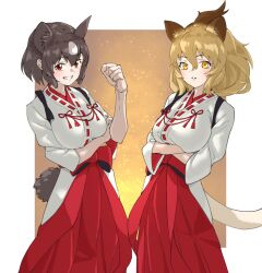 Rule 34 | 2girls, animal ear fluff, animal ears, arm under breasts, arms under breasts, bear ears, bear girl, bear tail, blonde hair, breasts, brown bear (kemono friends), brown eyes, brown hair, clenched hand, commentary, crossed arms, extra ears, grin, hair between eyes, hakama, hakama skirt, hand up, highres, japanese clothes, kemono friends, large breasts, lion (kemono friends), lion ears, lion girl, looking at viewer, miko, multiple girls, orange eyes, parted lips, simple background, skirt, smile, tail, tanabe (fueisei)
