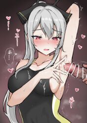 Rule 34 | 1boy, 1girl, absurdres, arknights, arm up, armpit sex, armpits, bar censor, black one-piece swimsuit, blush, breasts, brown background, censored, collarbone, commentary request, competition swimsuit, cum, cum on armpits, cum on body, grey hair, hetero, highres, large breasts, long hair, looking at viewer, male masturbation, mango (mgo), masturbation, motion lines, one-piece swimsuit, partial commentary, ponytail, red eyes, sidelocks, simple background, steaming body, swimsuit, trembling, upper body, weedy (arknights)