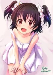 Rule 34 | 1girl, akagi miria, artist name, black hair, brown eyes, commentary request, dress, flower, from above, hair flower, hair ornament, hands on own thighs, haruhata mutsuki, idolmaster, idolmaster cinderella girls, looking at viewer, looking up, off shoulder, open mouth, revision, short dress, short hair, signature, sitting, smile, solo, twitter username, two side up, white dress