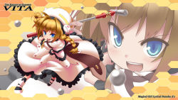 Rule 34 | 1girl, ahoge, alternate color, alternate hair color, attack, beret, black footwear, blue eyes, blush, bow, braid, brown hair, bustier, buttons, character name, copyright name, cropped jacket, cross, deku (dekunosu), dress, frills, full body, graf eisen, hair intakes, hair ornament, hammer, hat, hexagon, jacket, long hair, looking at viewer, lyrical nanoha, mahou shoujo lyrical nanoha, mahou shoujo lyrical nanoha a&#039;s, metal, open clothes, open jacket, open mouth, orb, player 2, puffy short sleeves, puffy sleeves, rabbit hair ornament, ribbon, shirt, shoes, short sleeves, smile, solo, twin braids, vita (nanoha), white dress, white hat, white shirt, yellow ribbon, yellow theme, zoom layer