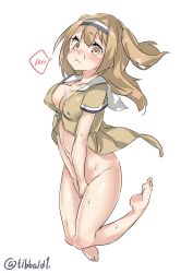 Rule 34 | 10s, 1girl, bad id, bad twitter id, bare legs, barefoot, blush, bottomless, breasts, brown eyes, brown hair, cleavage, coat, collarbone, covered erect nipples, covering privates, covering crotch, ebifurya, eyebrows, full body, hairband, highres, i-26 (kancolle), inactive account, kantai collection, looking at viewer, medium breasts, naked coat, navel, no bra, own hands together, sailor collar, short sleeves, simple background, soles, solo, speech bubble, spoken blush, stomach, sweat, twitter username, two-tone hairband, white background