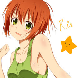 Rule 34 | 10s, 1girl, armpits, bare shoulders, blush, breasts, character name, cleavage, green eyes, green tank top, head tilt, hoshizora rin, inou eita, looking at viewer, love live!, love live! school idol project, medium breasts, no bra, open mouth, orange hair, short hair, sideboob, simple background, solo, star (symbol), tank top, upper body, white background