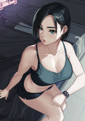 Rule 34 | 1girl, absurdres, animification, bare shoulders, bed, black hair, black shorts, black tank top, breasts, cleavage, collarbone, crop top, from above, green eyes, gun, handgun, highres, kagematsuri, large breasts, lips, looking to the side, midriff, navel, on bed, parted lips, pillow, revision, short hair, short shorts, shorts, sitting, smartwatch, solo, stomach, tank top, thighs, valorant, viper (valorant), watch, weapon, wristwatch