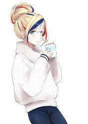 Rule 34 | 1girl, alternate costume, alternate hairstyle, bad id, bad twitter id, blonde hair, blue eyes, blue hair, commandant teste (kancolle), cowboy shot, cup, denim, hair bun, highres, holding, holding cup, jeans, kantai collection, long sleeves, morinaga miki, mug, pants, red hair, ribbed sweater, short hair, simple background, single hair bun, solo, standing, sweater, turtleneck, white background, white hair, white sweater