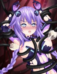 Rule 34 | 1girl, blue eyes, blush, braid, breasts, dhiparizky, highres, lactation, large breasts, long hair, medium breasts, navel, neptune (neptunia), neptune (series), nipples, open mouth, power symbol-shaped pupils, purple hair, purple heart (neptunia), solo, symbol-shaped pupils, tentacles, twin braids