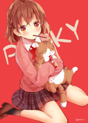 Rule 34 | 1girl, animal, ankle socks, black socks, blush, bow, bowtie, braid, brown eyes, brown footwear, brown hair, cardigan, cat, collared shirt, commentary request, food, hair tie, hazuki natsu, highres, holding, holding animal, holding cat, long sleeves, looking at viewer, miniskirt, mouth hold, original, pink cardigan, plaid, plaid skirt, pocky, red background, red bow, red bowtie, school uniform, shirt, shoes, short hair, side braid, simple background, sitting, skirt, socks, solo, twitter username, wariza