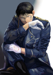 Rule 34 | 1boy, absurdres, aged down, aiguillette, amestris military uniform, artist name, black eyes, black footwear, black hair, blue jacket, blue pants, boots, bruise, bruise on face, buttons, covering own mouth, crossed legs, dirty, dirty clothes, dirty face, double-breasted, elbow on knee, elbow rest, empty eyes, expressionless, facing viewer, frown, fullmetal alchemist, gloves, half-closed eyes, hand on own knee, hand over own mouth, hand up, highres, injury, jacket, knee boots, knee up, light, looking afar, magic circle, male focus, military, military jacket, military uniform, on floor, pants, roy mustang, rubber boots, shade, sidelighting, silver trim, simple background, sitting, spiked hair, tsurime, uniform, urikurage, white background, white gloves