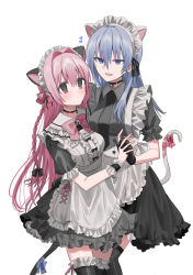 Rule 34 | 2girls, :d, alternate costume, animal ears, apron, bell, black dress, black gloves, black necktie, black thighhighs, blue eyes, blue hair, blush, bow, braid, breasts, cat ears, cat girl, cat tail, chihuri, closed mouth, collared dress, commentary request, dress, earrings, ende (chihuri), enmaided, frilled apron, frills, gloves, hair between eyes, hair intakes, highres, holding hands, interlocked fingers, jewelry, jingle bell, long hair, maid, maid headdress, medium breasts, multiple girls, nea (chihuri), neck bell, necktie, open mouth, original, pink bow, pink hair, puffy short sleeves, puffy sleeves, red eyes, short sleeves, simple background, smile, stud earrings, tail, tail bow, tail ornament, thighhighs, very long hair, white apron, white background, wrist cuffs